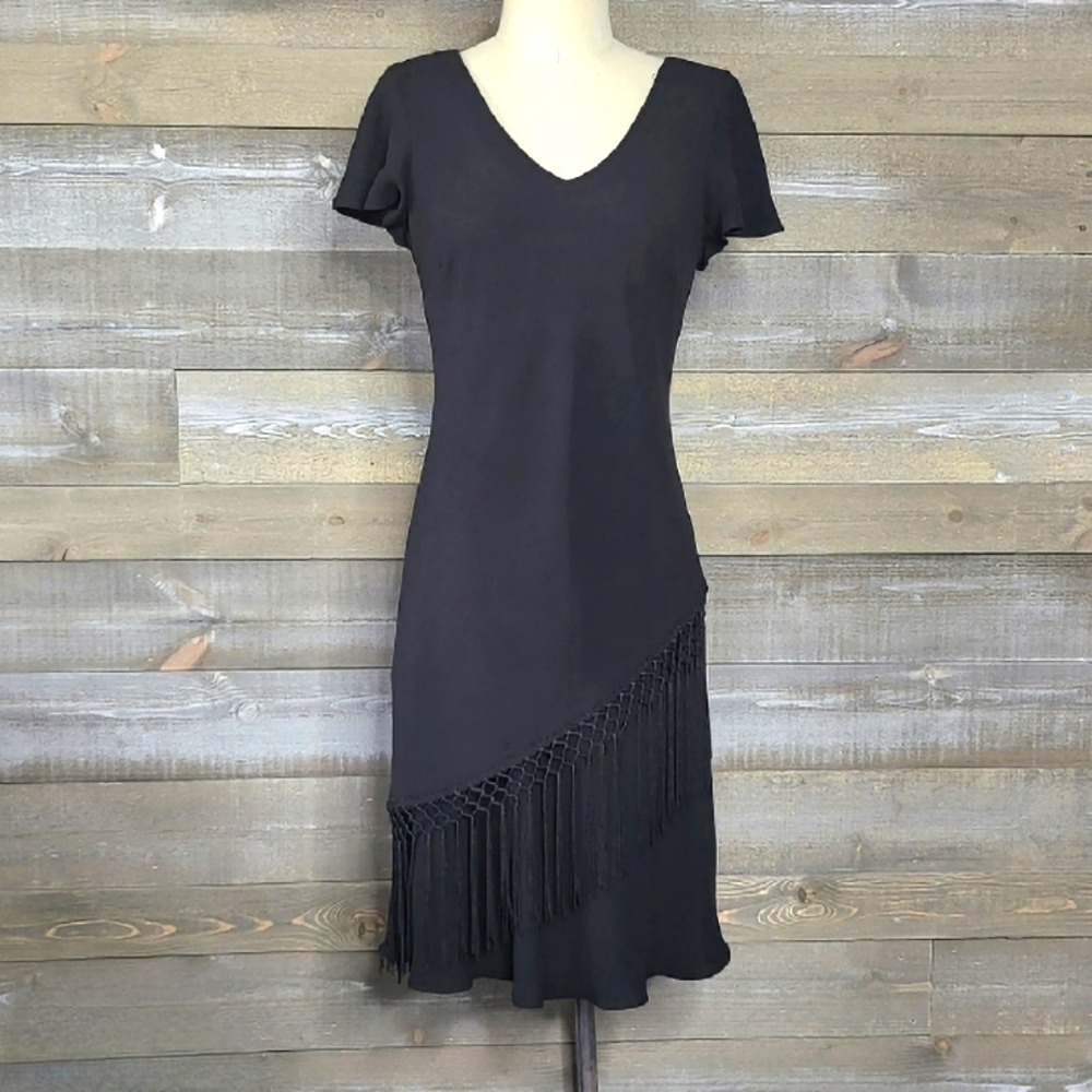 S.L. Fashions Petite V-Neck Asymmetric Fringed Midi Dress